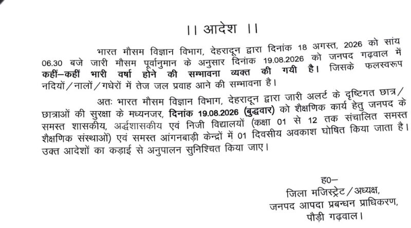 भारी वर्षा के अलर्ट के मद्देनजर 19 अगस्त को जनपद के सभी विद्यालय एवं आंगनबाड़ी केंद्र रहेंगे बंद